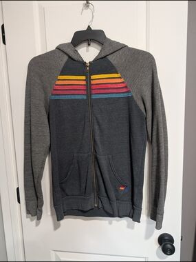 Aviator Nation Zip Hoodie - Grey and Dark Blue with Rainbow Stripe Chest